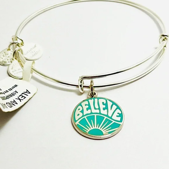 Alex and Ani Shiny Silver Bracelet with Teal 'Believe' Charm - Picture 1 of 7